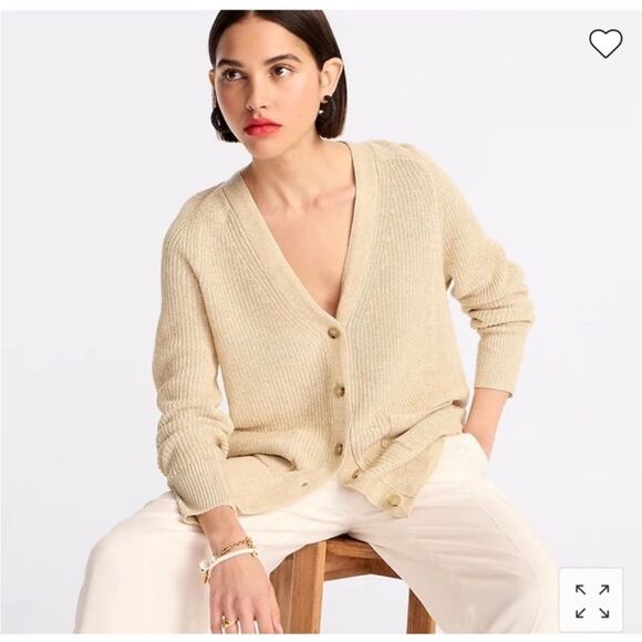J.Crew Relaxed Cotton-linen Blend Cardigan Sweater in Khaki Antique White S NWOT - Picture 1 of 15